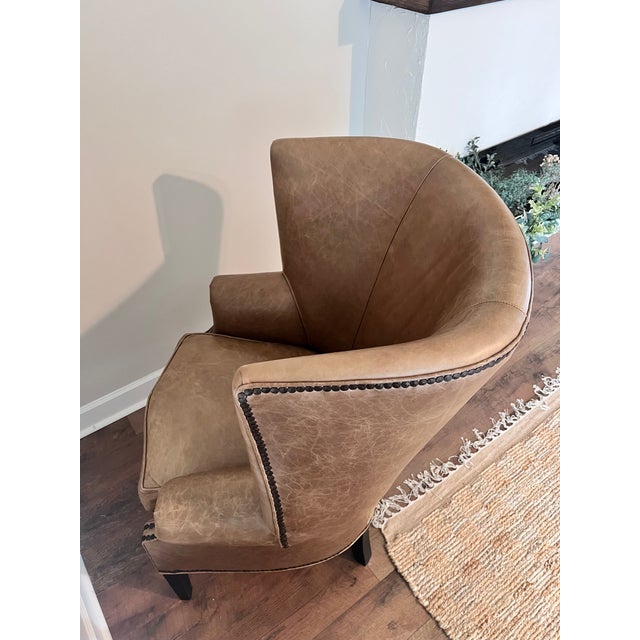 Animal Skin Stanford Furniture Leather Wingback Accent Chair – Cognac Full-Grain Leather For Sale - Image 7 of 11