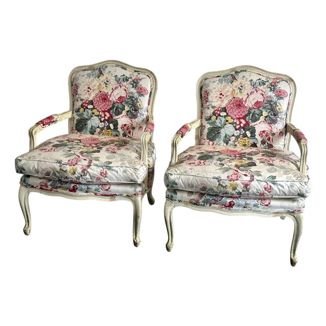 Louis XVI Style Floral Chintz Upholstered Century Furniture Chairs - A Set of 2 For Sale