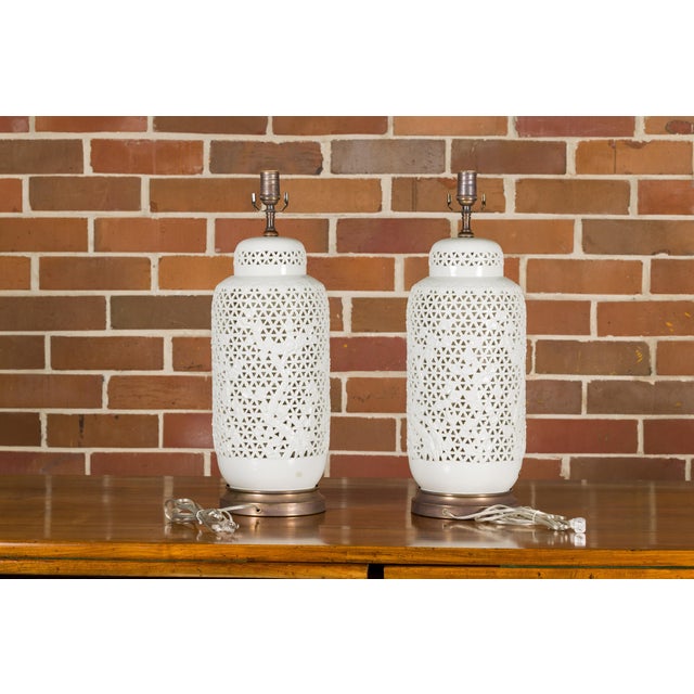 Wood 19th Century White Porcelain Vases with Floral Décor Made into Table Lamps, Pair For Sale - Image 7 of 12