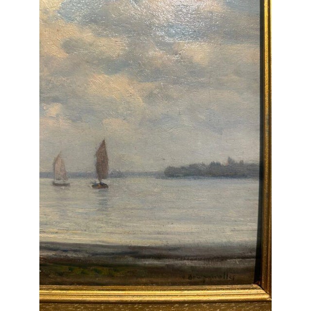 Oil on cardboard by Victor Brugairolles (1869-1936), entitled Marins. The scene shows several fishing boats in the bay of...