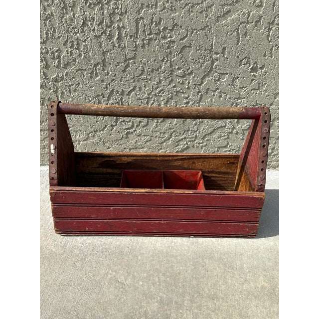 Early 20th Century Antique Early 20th Century Red Rustic Farmhouse Wooden Tool Caddy For Sale - Image 5 of 11
