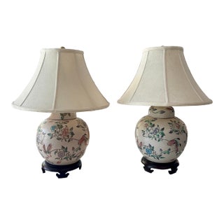Pastel Flowers and Butterflies Chinoiserie Ginger Jar Lamps, a Pair For Sale