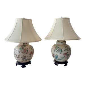 Pastel Flowers and Butterflies Chinoiserie Ginger Jar Lamps, a Pair