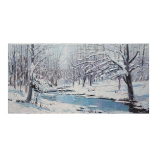 Original Oil Landscape, Forest Stream After Snowfall For Sale