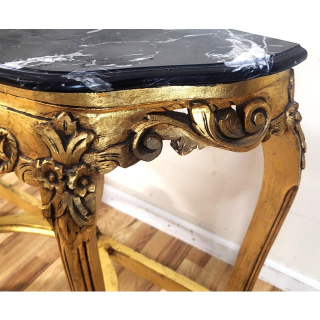 Vintage Rococo French Style 20th C Gilt Carved Wood Marble Console Table & Mirror For Sale - Image 10 of 15