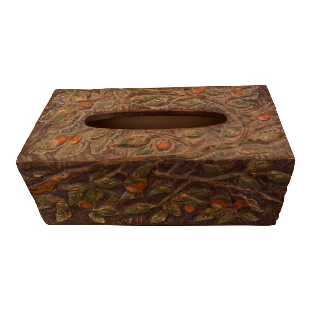 1970s Hand Carved Wooden Tissue Box Signed Nataly For Sale