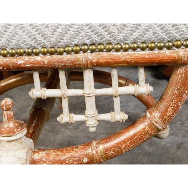 Brown English Chinese Chippendale Style Faux Bamboo Stool with New Upholstery For Sale - Image 8 of 12