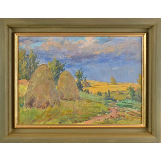Arnolds Pankoks, Landscape with Hay Stacks, 1950s, Oil on Cardboard, Framed For Sale - Image 4 of 9