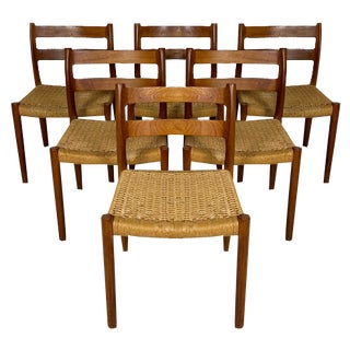 Vintage Danish Teak and Papercord Dining Chairs 84 by Niels O. Møller for Jl Møller, 1960s, Set of 6 For Sale