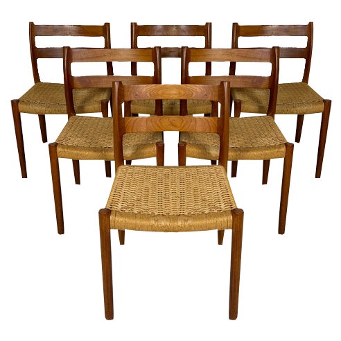 Vintage Danish Teak and Papercord Dining Chairs 84 by Niels O. Møller for Jl Møller, 1960s, Set of 6 For Sale