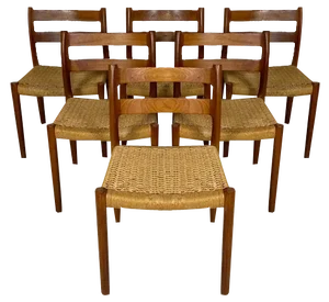 Vintage Danish Teak and Papercord Dining Chairs 84 by Niels O. Møller for Jl Møller, 1960s, Set of 6