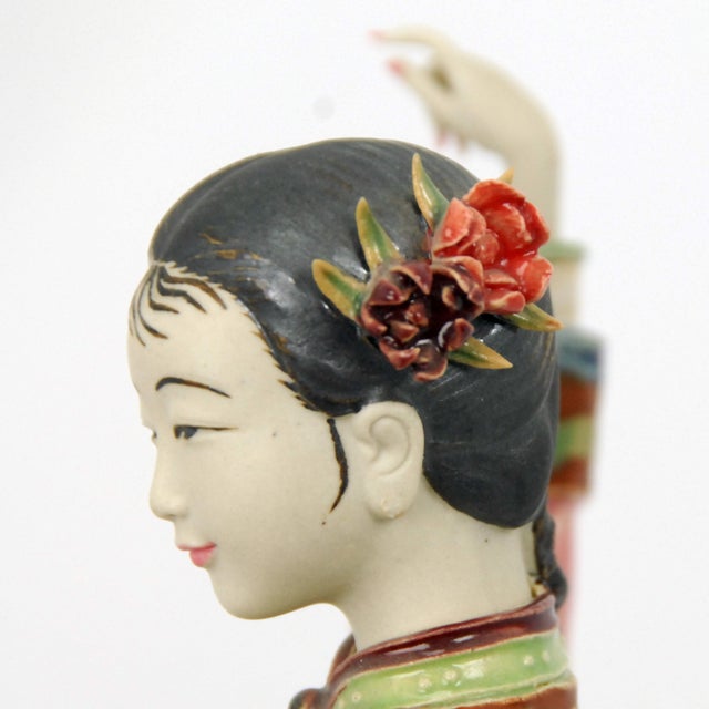 Pink Vintage Shiwan Wucai Chinese Porcelain Pottery Figurine Lady Holding Fish Signed For Sale - Image 8 of 11