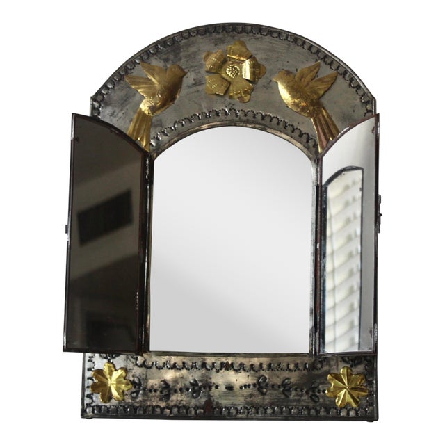 Handcrafted Mexican Tin Mirror With Opening Doors Folk Art Vintage For Sale