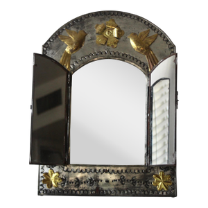 Handcrafted Mexican Tin Mirror With Opening Doors Folk Art Vintage