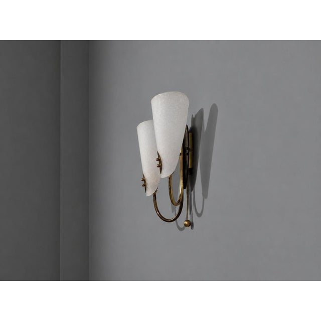 Mid-Century Modern 1950s Swedish Modern, Double Wall Sconce, Brass, Textured Glass For Sale - Image 3 of 10