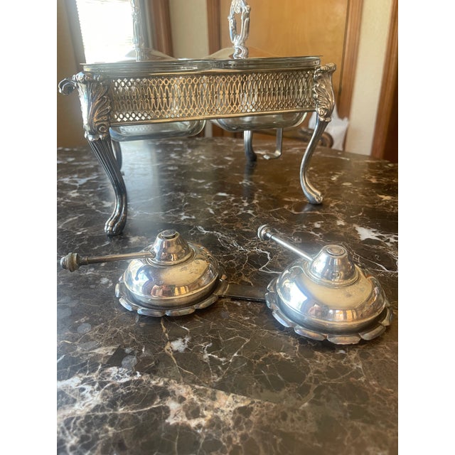 Mid-Century Modern Vintage Silver-Plated Double Chafing Dish With Warming Burners For Sale - Image 3 of 15