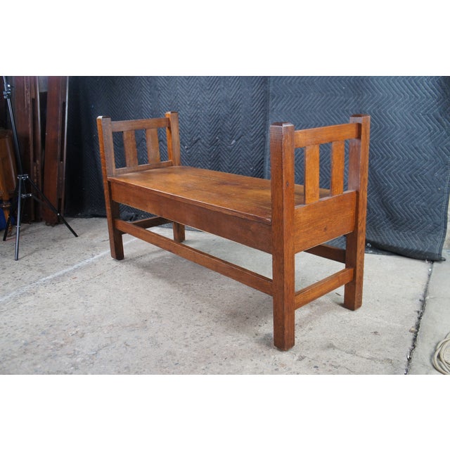 Wood Antique Mission Arts & Crafts Quartersawn Oak Hall Storage Bench Seat Settee 50" For Sale - Image 7 of 13