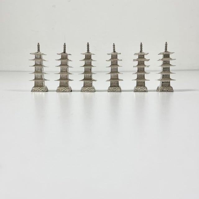 1950s Vintage Chinoiserie Chippendale Hollywood Regency Sterling Silver Pagoda Pepper Shakers - Set of 6 For Sale - Image 4 of 11