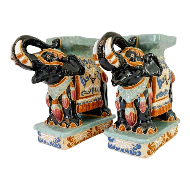 Vintage Chinoiserie Celadon & Black Ceramic Elephant Glazed Plant Stands / Bookends - A Pair For Sale