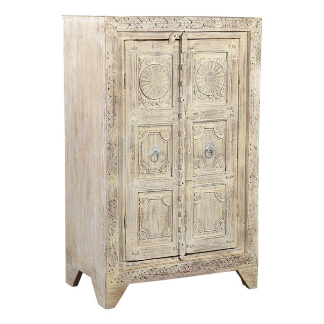 1970s Farmhouse Style Distressed White 2 Door Carved Cabinet For Sale