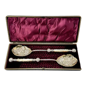 Beautifully Hand Made Antique English Sheffield Silverplate & Carved Mother of Pearl Serving Set Circa 1890s