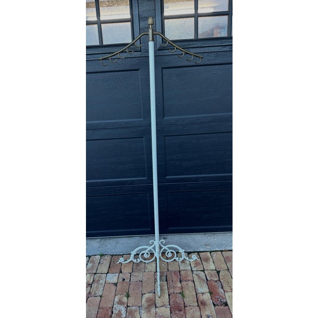 Vintage Brass Garment Stand With Ornate White-Painted Metal Base, 77” For Sale In Miami - Image 6 of 11