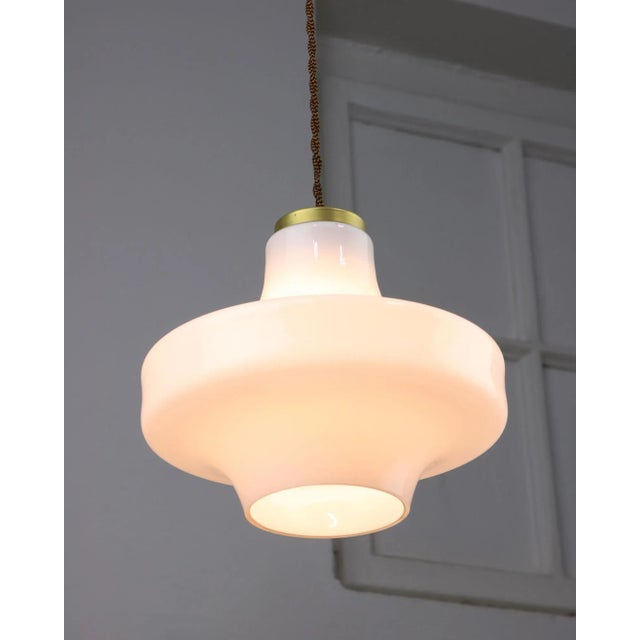 Mid-Century Pendant Lamp in White Glass and Brass For Sale - Image 4 of 12