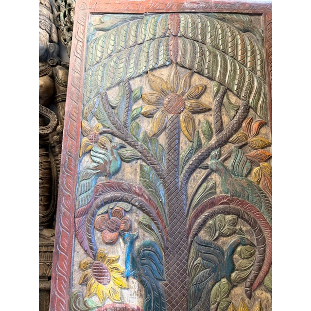 Mid-Century Modern Vintage Hand-Carved Tree of Dreams Wood Barn Door Wall Panel With Peacock & Sunflower 84x36 For Sale - Image 3 of 7