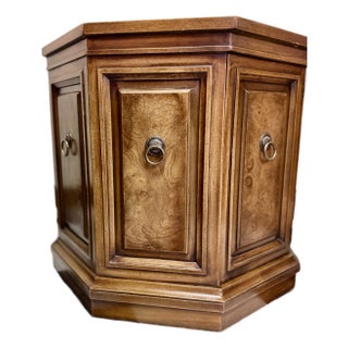 Heirloom by Weiman Burl Wood Octagonal Accent Cabinet With Brass Ring Pulls – Vintage North Carolina Craftsmanship For Sale