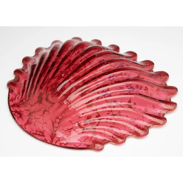 Victorian Late 19th Century Moser Cranberry Glass Shell Dish With Enamel & Gilt For Sale - Image 3 of 18