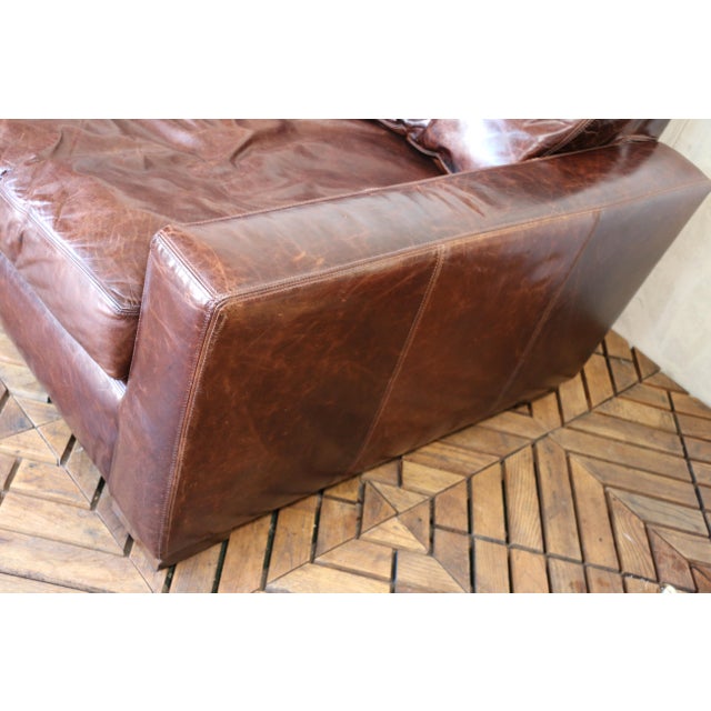 Mid-Century Modern Restoration Hardware Brown Leather Two-Seat Sofa With Rich Patina For Sale - Image 3 of 18