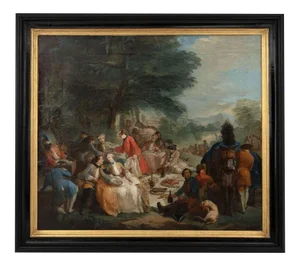19th Century Halt Hunting Oil on Canvas by Carle Van Loo