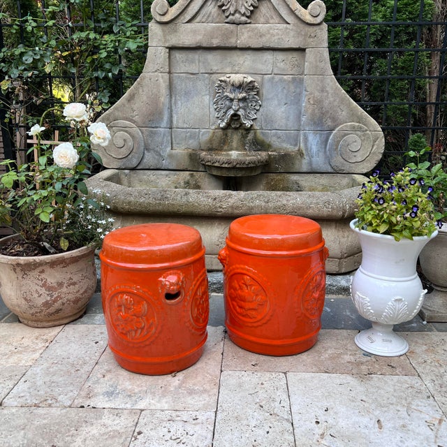 Mid Century Orange Ceramic Garden Stools With Floral Medallions & Lion Head Handles For Sale - Image 9 of 12