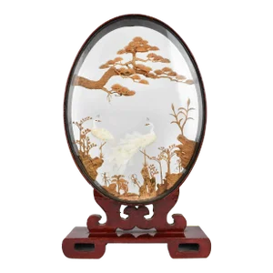 Mid 20th Century Tall Oval Chinese Cork Carving Art Diorama