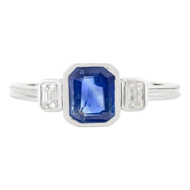Cushion Cut Blue Sapphire Diamond Engagement Ring in 18k Gold Size 5.5 For Sale