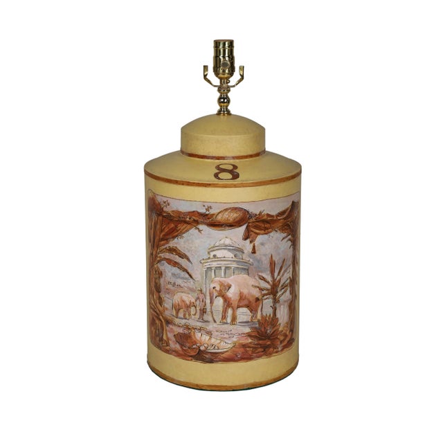 Vintage English Export Hand Painted Tea Caddy Lamp Elephants With Building For Sale In New York - Image 6 of 6