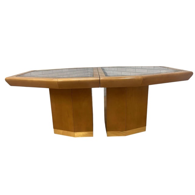 Late 1980s Architectural Octagonal Extension Dining Table with Inset Beveled Smoked Glass and Plinth Bases Striking...