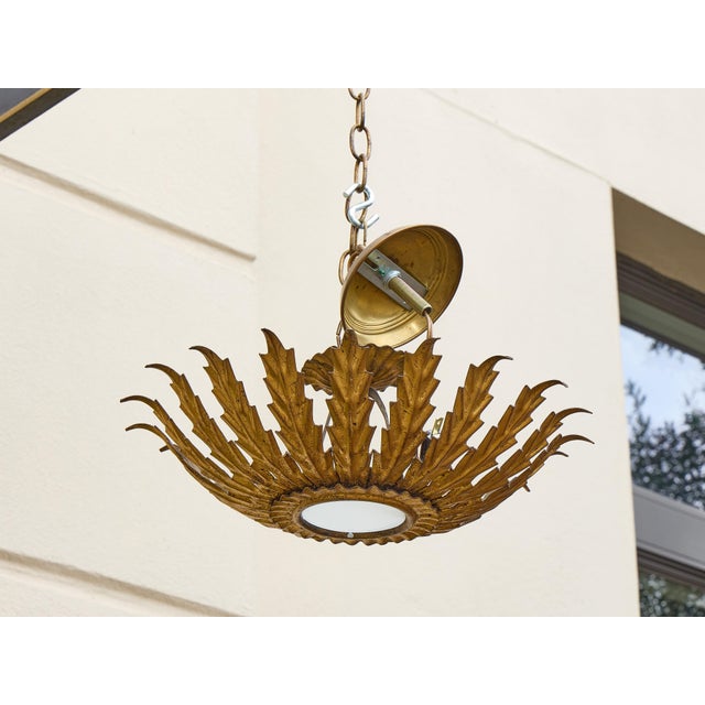 Mid 20th Century 1950s Spanish Gilt Metal Leaf Light Fixture with Frosted Glass For Sale - Image 5 of 11