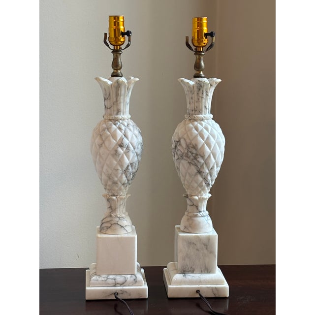1950s Hand Carved Italian Alabaster Table Lamps W/ Sculptural Pineapple Motif -- A Pair For Sale - Image 9 of 18