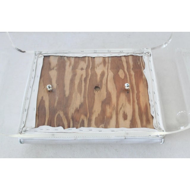 White Thick Lucite Acrylic Waterfall Faux Leather Padded Vanity Stool With Castors Vintage Mid Century Modern For Sale - Image 8 of 10