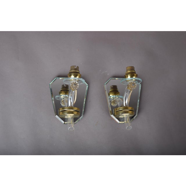 Art Deco French Mirrored Glass and Brass Wall Sconces, 1940s, Set of 2 For Sale - Image 10 of 17