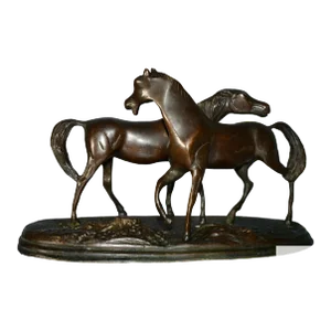 Vintage Solid Bronze Pair of Wild Horses With Base/Signed