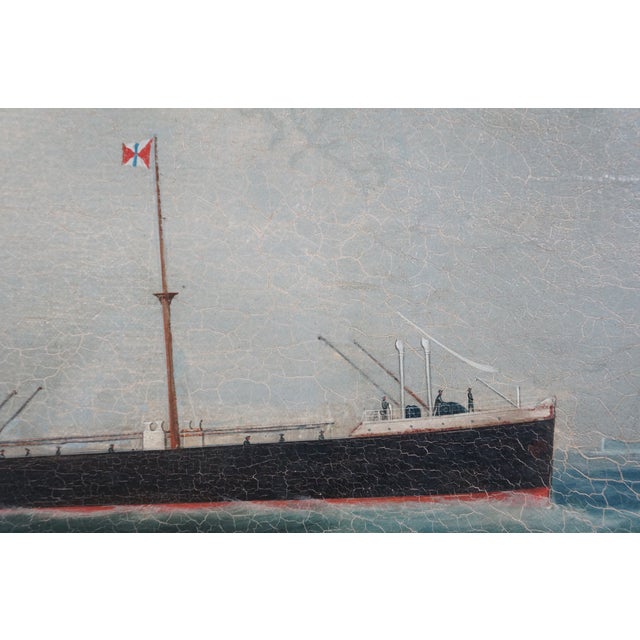 Blue Early 20th Century Antique Maritime British Steam Ship Seascape Oil Painting Birdseye Maple 27", Framed For Sale - Image 8 of 12