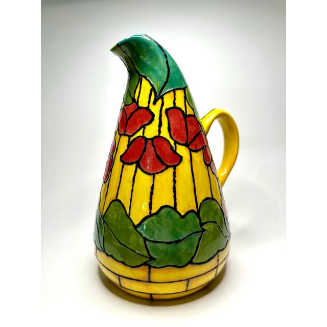 Vintage Art Nouveau Tiffany Style "Poppy Flowers" Painted Ceramic Pitcher, Yellow, Red, and Navy Blue For Sale - Image 9 of 11