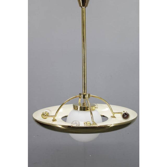 Art Deco Brass Pendant Light with White Glass, Czechoslovakia, 1930s For Sale - Image 4 of 13