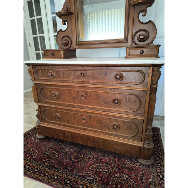 Mid 19th Century Antique Victorian Mahogany Marble-Top Dresser With Mirror For Sale - Image 4 of 8