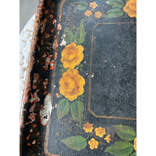 Late 19th Century Antique French Hand-Painted Floral Toleware Tray For Sale - Image 5 of 10