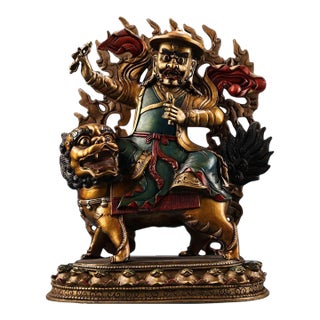 Vintage Tibetan Painted Gilded Bronze Dorje Shugden Protector Buddha Statue on Lion For Sale