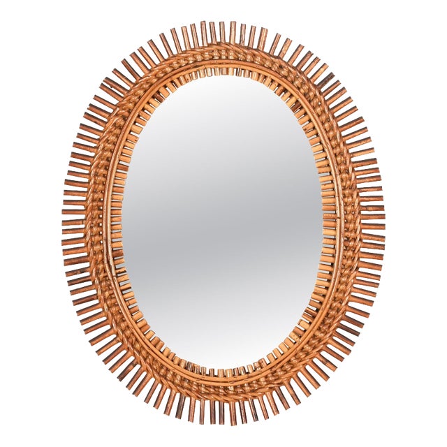 Organic Oval Mirror in Bamboo, Rattan and Wicker by Franco Albini, Italy, 1960s For Sale