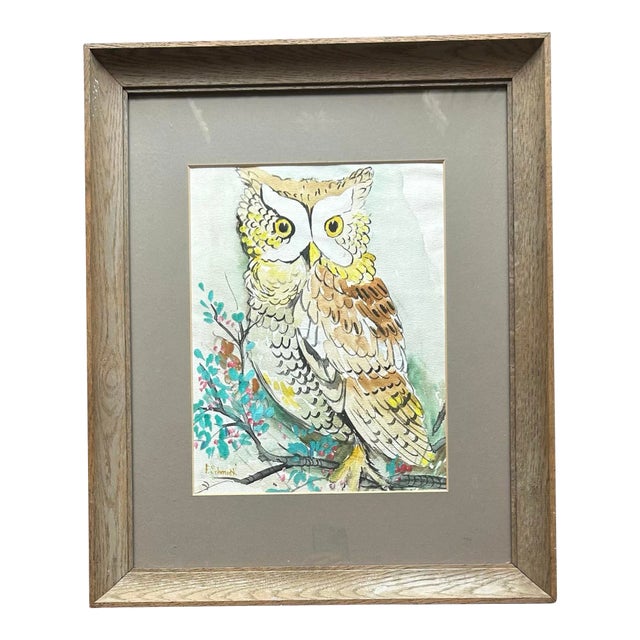 Vintage 1970’s Original Large Watercolor of Owl in Wood Frame For Sale